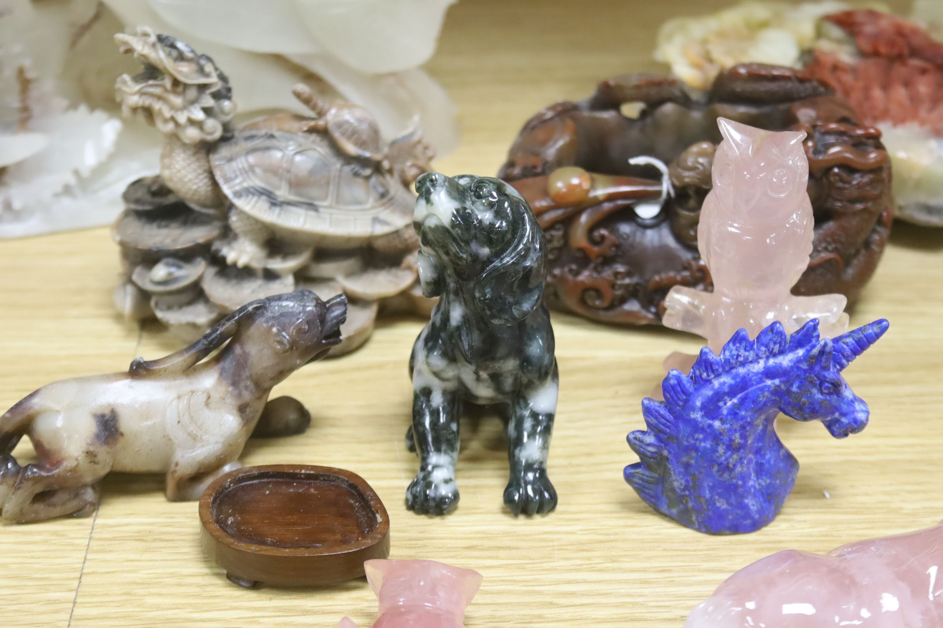 A quantity of Chinese carved hardstone and soapstone animals / creatures